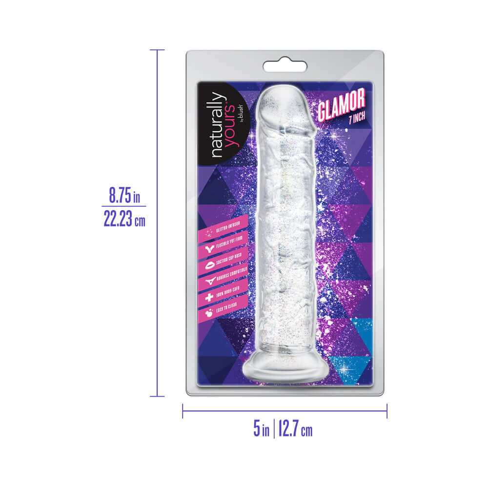Naturally Yours Glamor Sparkling Dildo Clear packaging showing dimensions and glitter effect.