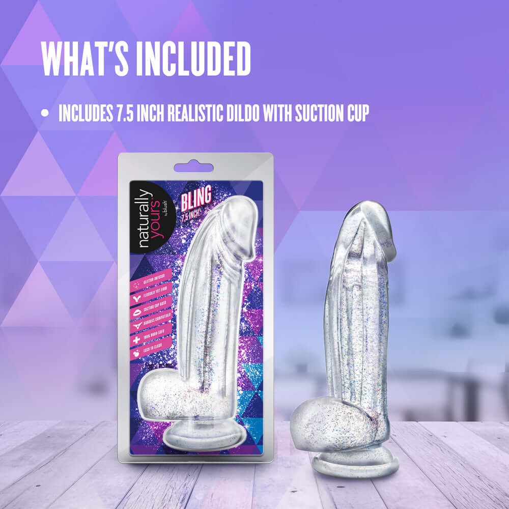 Naturally Yours Bling Sparkling Dildo Clear displayed with packaging and suction cup on a colorful background.