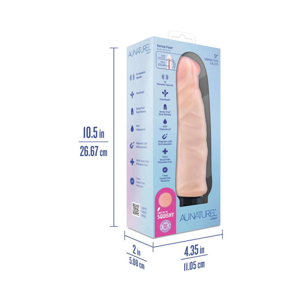 Au Naturel Big Easy Vibrating Dildo Beige packaging with dimensions and features.