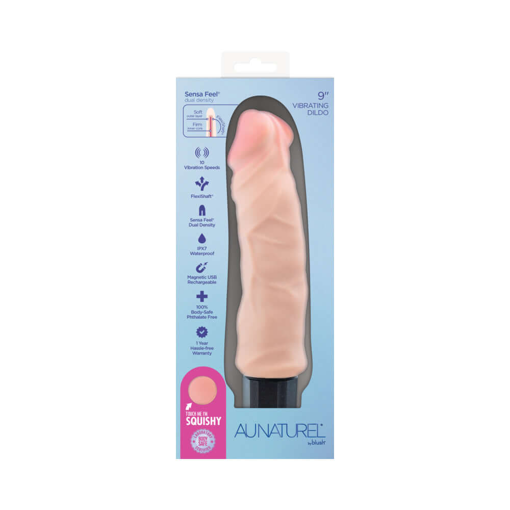Au Naturel 8.75 inch Vibrating Dildo Vanilla Ice Beige in packaging with sensory features and specifications.