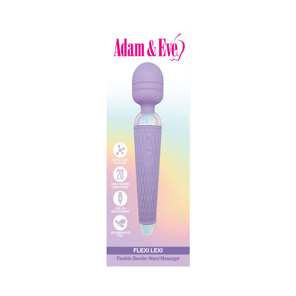 Adam and Eve Flexi Lexi Flexible Slender Wand Massager in lavender with 20 functions and waterproof design.
