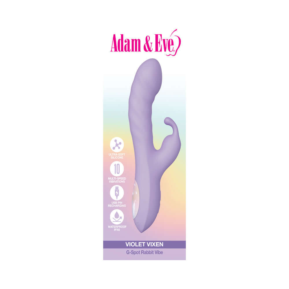 Adam and Eve Violet Vixen G-Spot Rabbit Vibe with ergonomic design and waterproof feature.