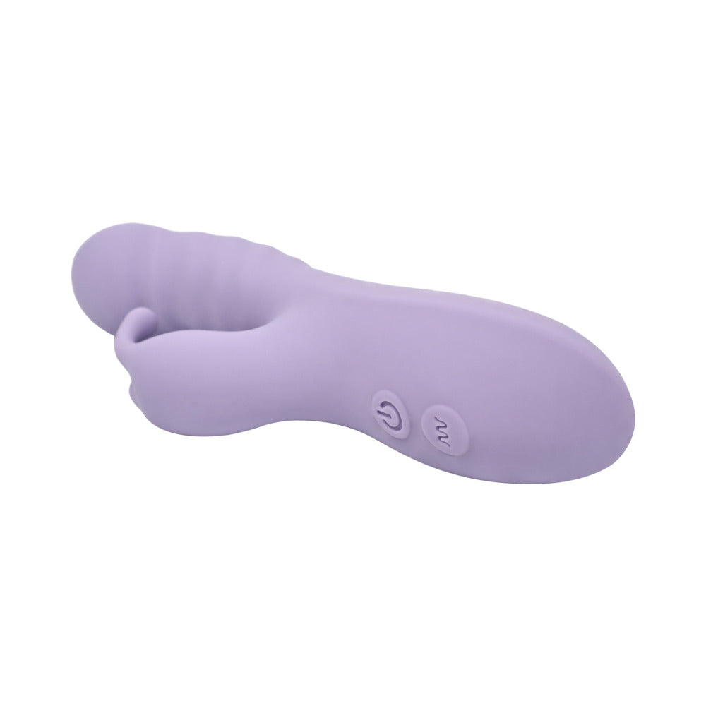 Adam and Eve Violet Vixen G-Spot Rabbit Vibe in soft purple showcasing its curved design and control buttons.
