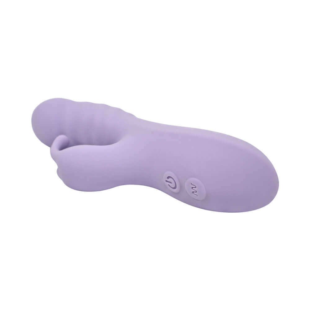 Adam and Eve Violet Vixen G-Spot Rabbit Vibe in soft purple showcasing its curved design and control buttons.