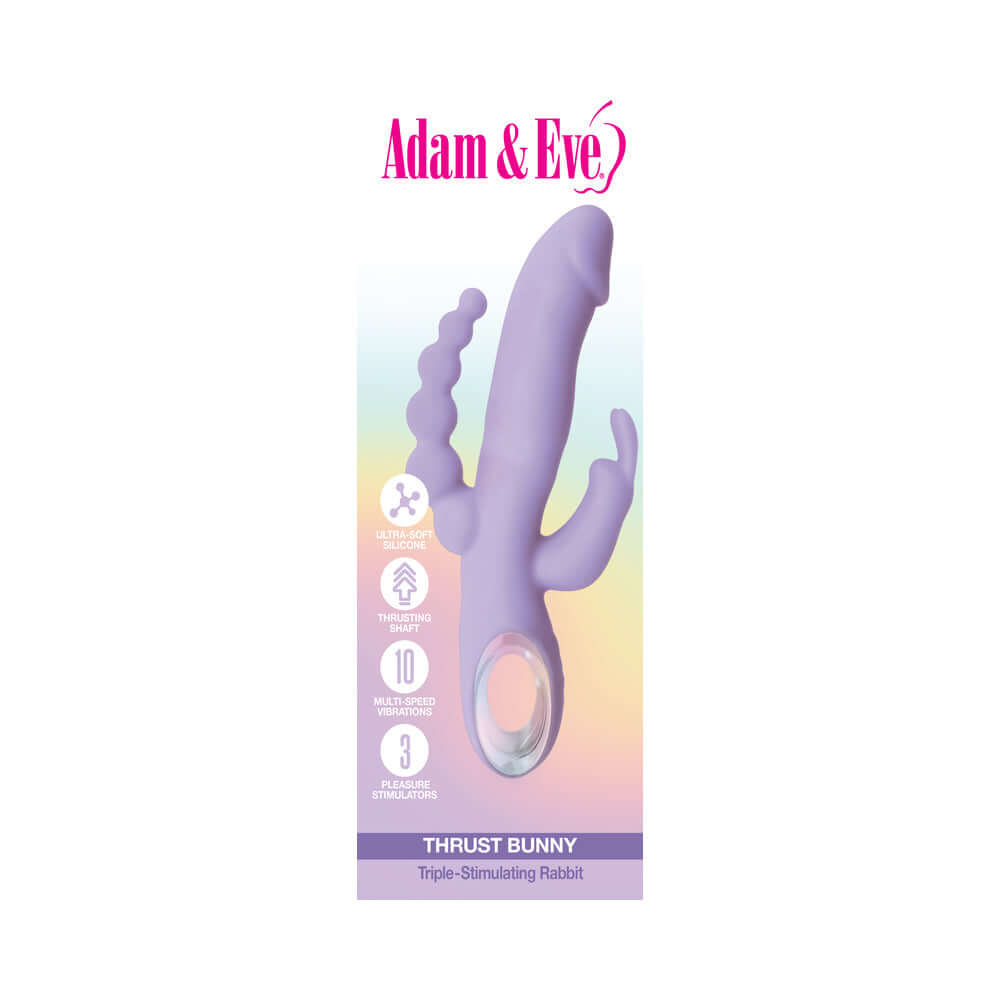 Adam and Eve Thrust Bunny Triple-Stimulating Rabbit Vibrator in lavender with features for thrusting and vibrating.