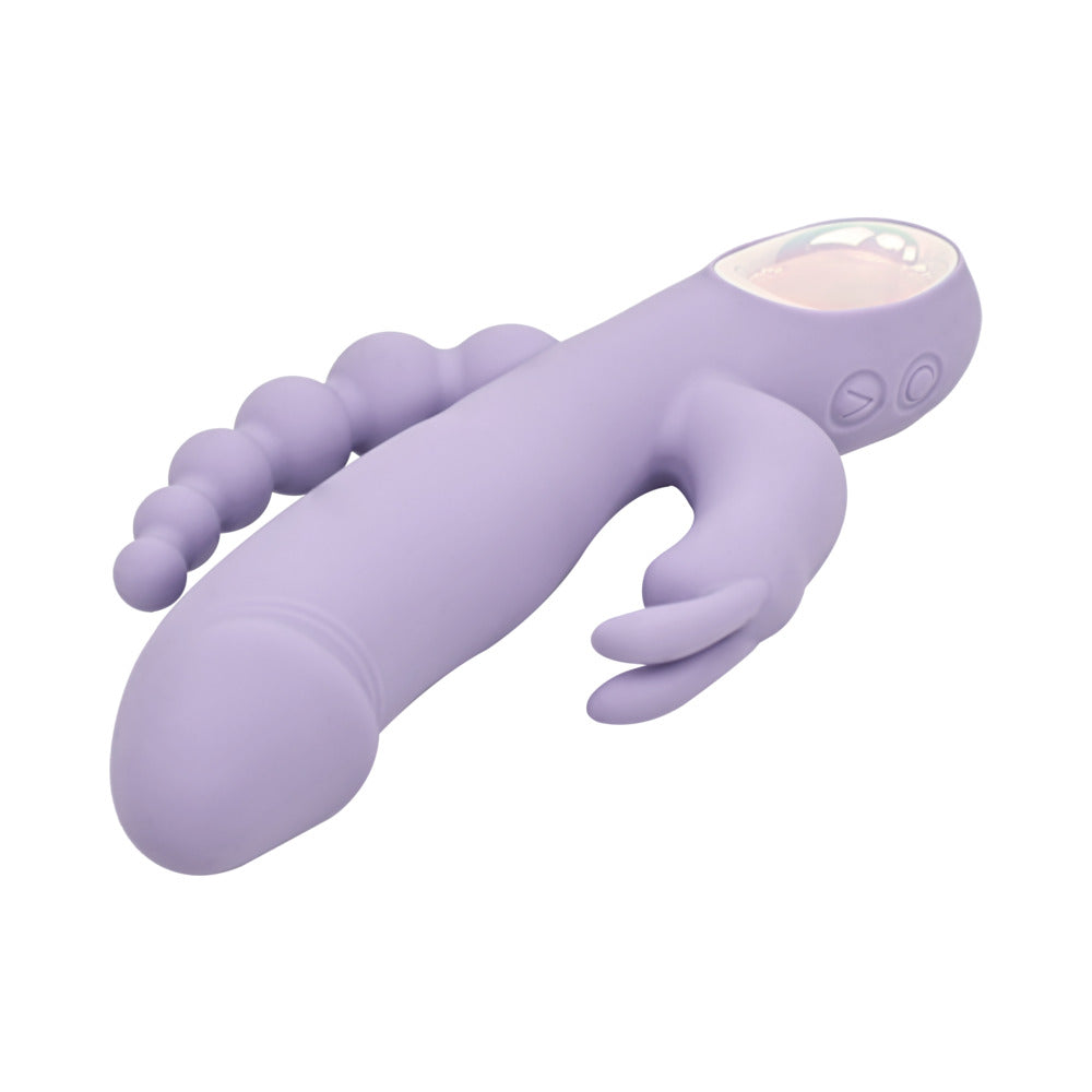 Adam and Eve Thrust Bunny Triple-Stimulating Rabbit Vibrator in lavender color with ergonomic design and control buttons.