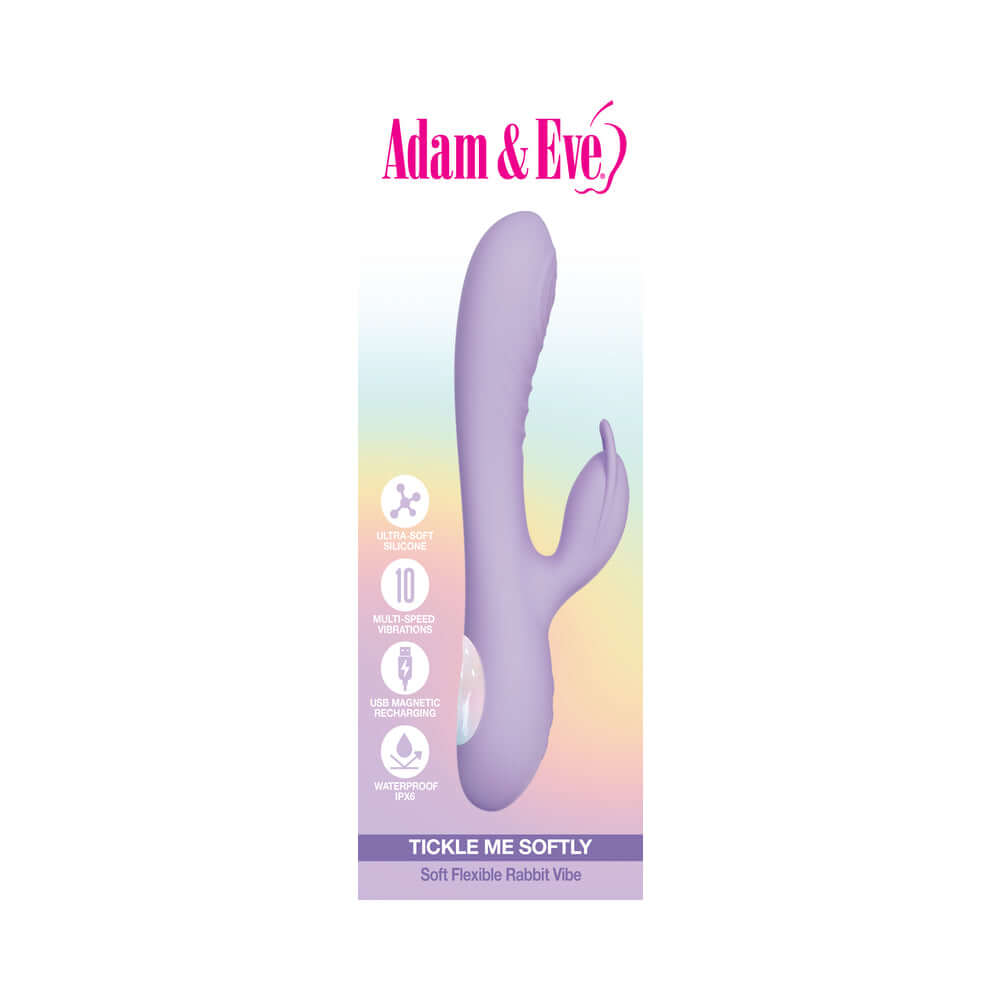 Adam and Eve Tickle Me Softly Soft Flexible Rabbit Vibe packaging featuring a soft purple design.