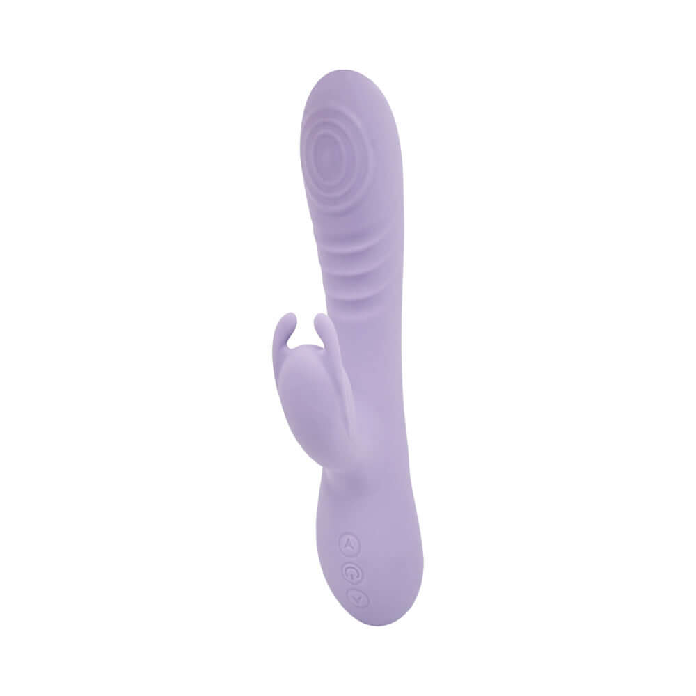 Adam and Eve Tickle Me Softly Soft Flexible Rabbit Vibe in purple silicone design for dual stimulation.