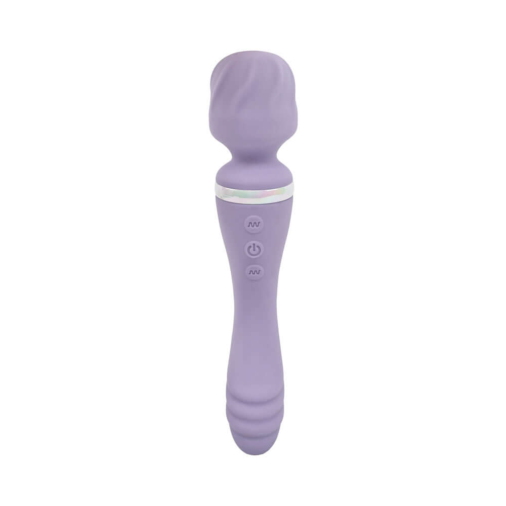 Adam and Eve Wand and Done Dual End Vibrating Wand in purple silicone design with control buttons.