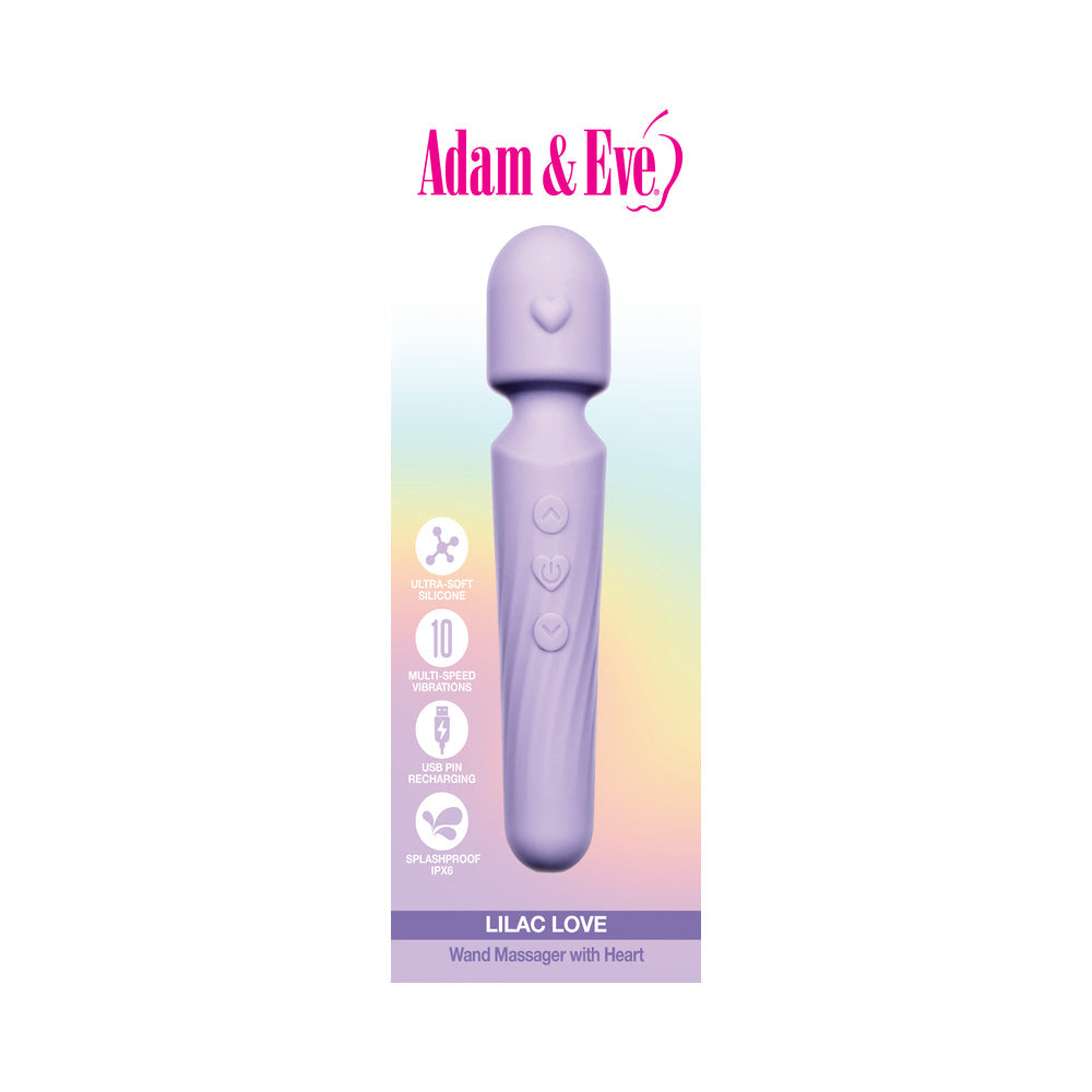 Adam and Eve Lilac Love Wand Massager with heart design and 10 vibrating modes, splashproof and USB rechargeable.
