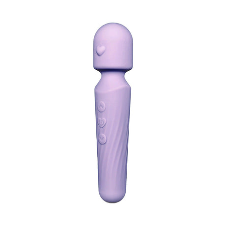 Adam and Eve Lilac Love Wand Massager in soft lilac silicone with heart head and buttons for vibration control.