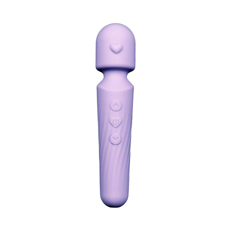 Adam and Eve Lilac Love Wand Massager in silky purple silicone with heart design and control buttons.