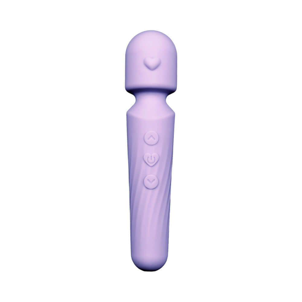 Adam and Eve Lilac Love Wand Massager in silky purple silicone with heart design and control buttons.