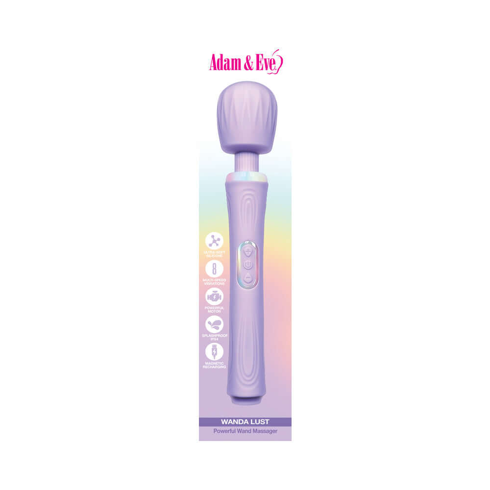 Adam and Eve Wanda Lust Powerful Wand Massager in lavender color with sleek design and control buttons.
