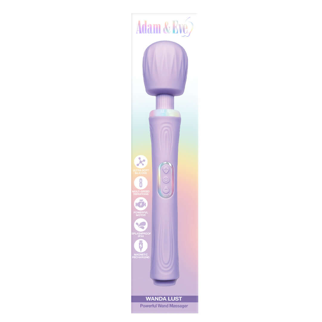 Adam & Eve Wanda Lust Powerful Wand Massager in a sleek purple design featuring a soft ridged head and control buttons.