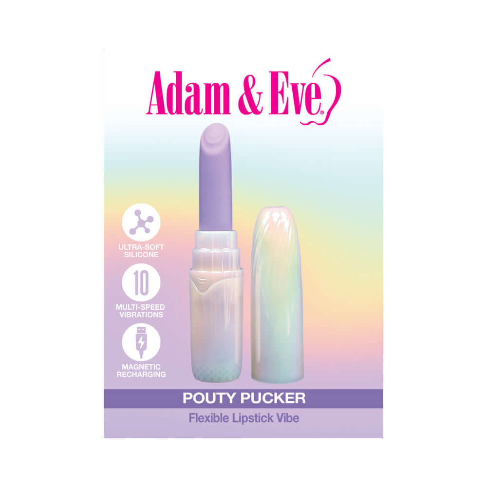 Adam and Eve Pouty Pucker Lipstick Vibe in packaging, featuring multi-speed vibrations and ultra-soft silicone.