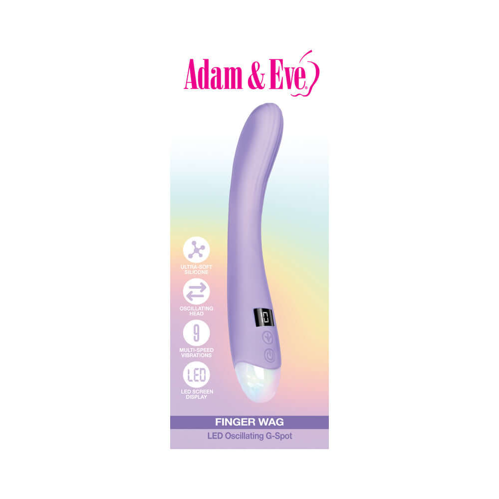 Adam and Eve Finger Wag LED Oscillating G-spot Vibrator in lavender with LED display and ergonomic design.