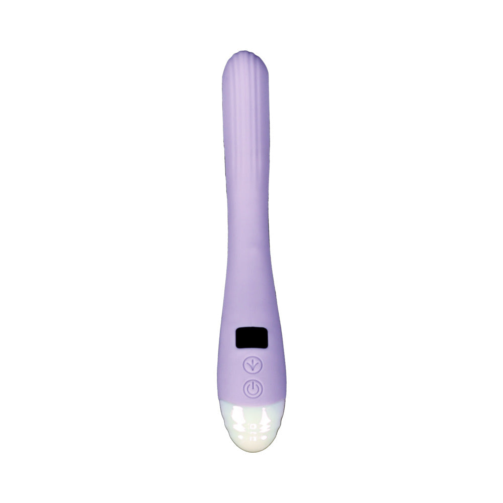 Adam and Eve Finger Wag LED Oscillating G-spot Vibrator in purple, featuring buttons and a soft silicone design.