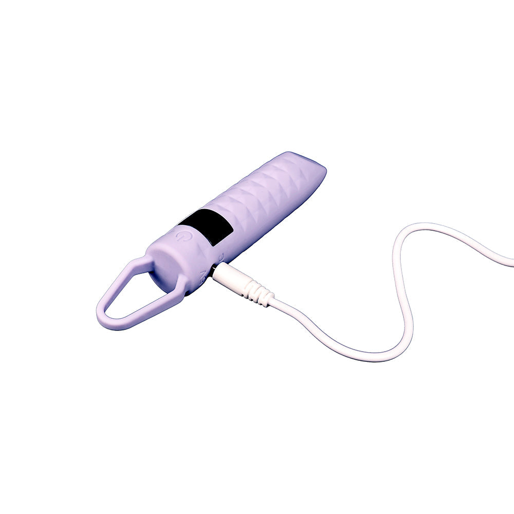 Adam and Eve Finger Waves LED Bullet Vibe in lavender color, featuring a textured design and charging cable.