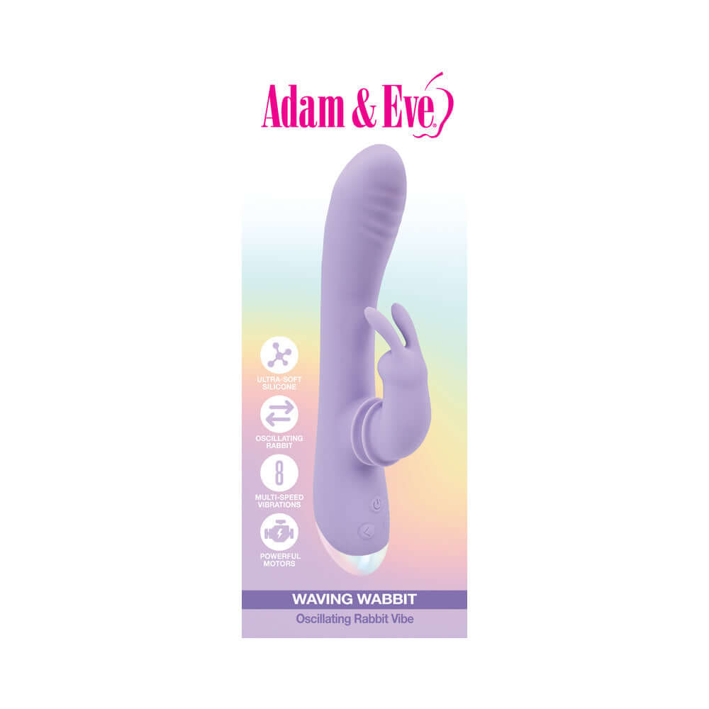 Adam and Eve Waving Wabbit Oscillating Rabbit Vibe in lavender packaging with features highlighted.