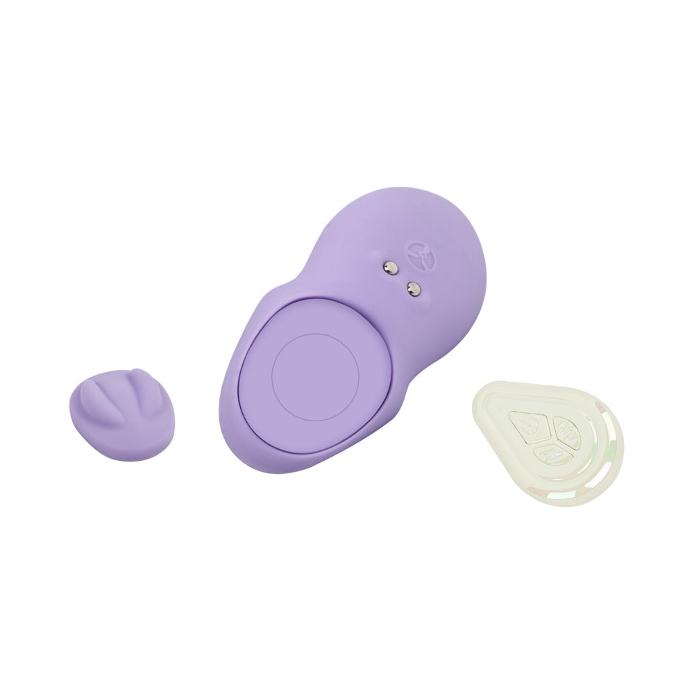 Adam and Eve Pleasure Panties Panty Vibe with Remote in purple silicone design, showcasing control buttons and remote.