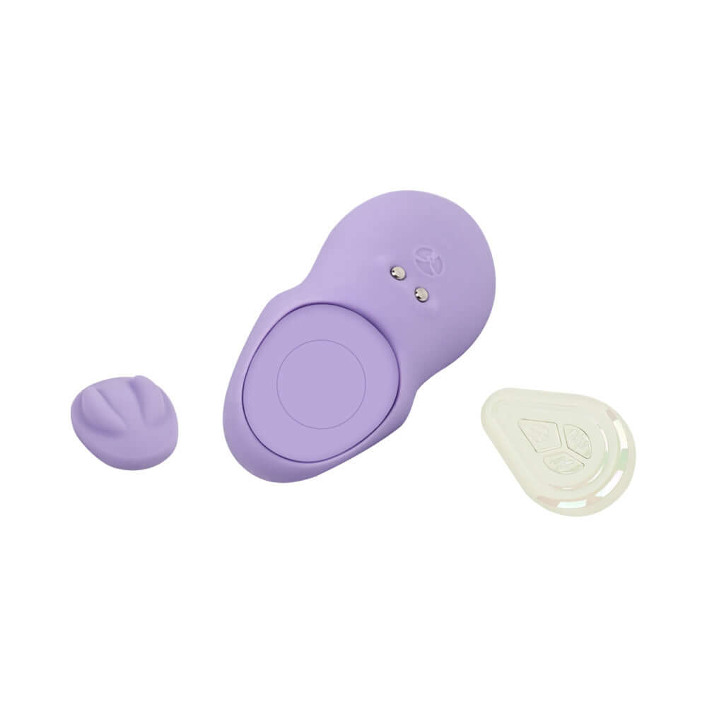 Adam and Eve Pleasure Panties Panty Vibe with Remote in purple silicone design, showcasing control buttons and remote.