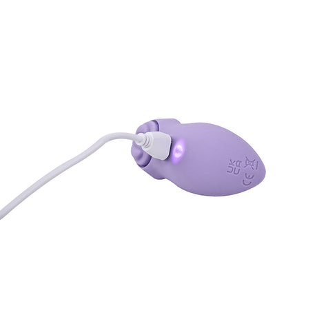 Adam and Eve Pleasure Panties Panty Vibe with Remote in lavender, featuring a charging cable and soft silicone design.