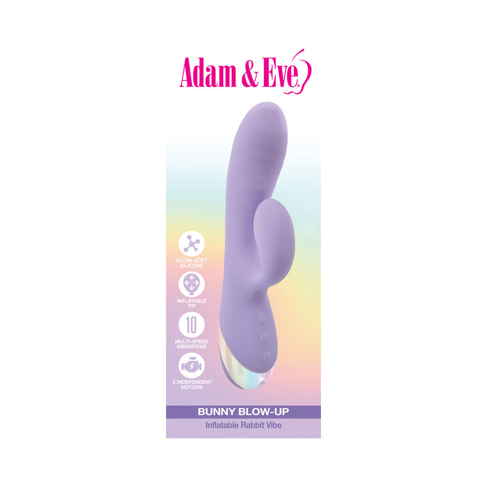 Adam and Eve Bunny Blow Up Rabbit Vibe packaging with inflatable design and multiple settings.