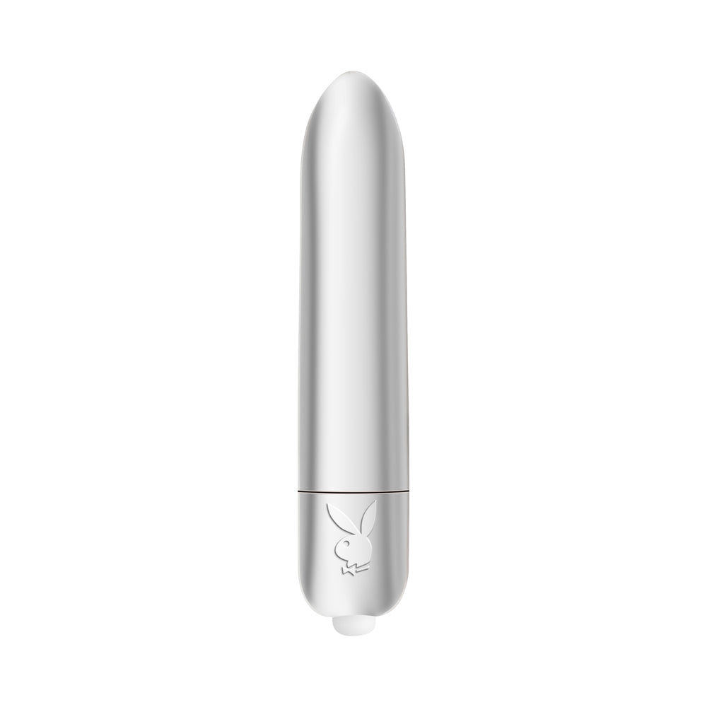 Playboy Pleasures 70th Anniversary Bullet, sleek silver vibrating toy for unforgettable pleasure.