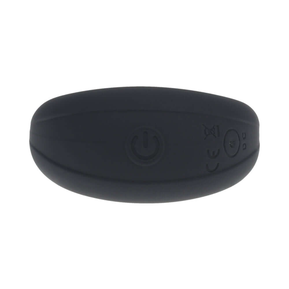 LEVELZ Vibrating Liquid Silicone Cock & Ball Ring Black remote control design with power button.