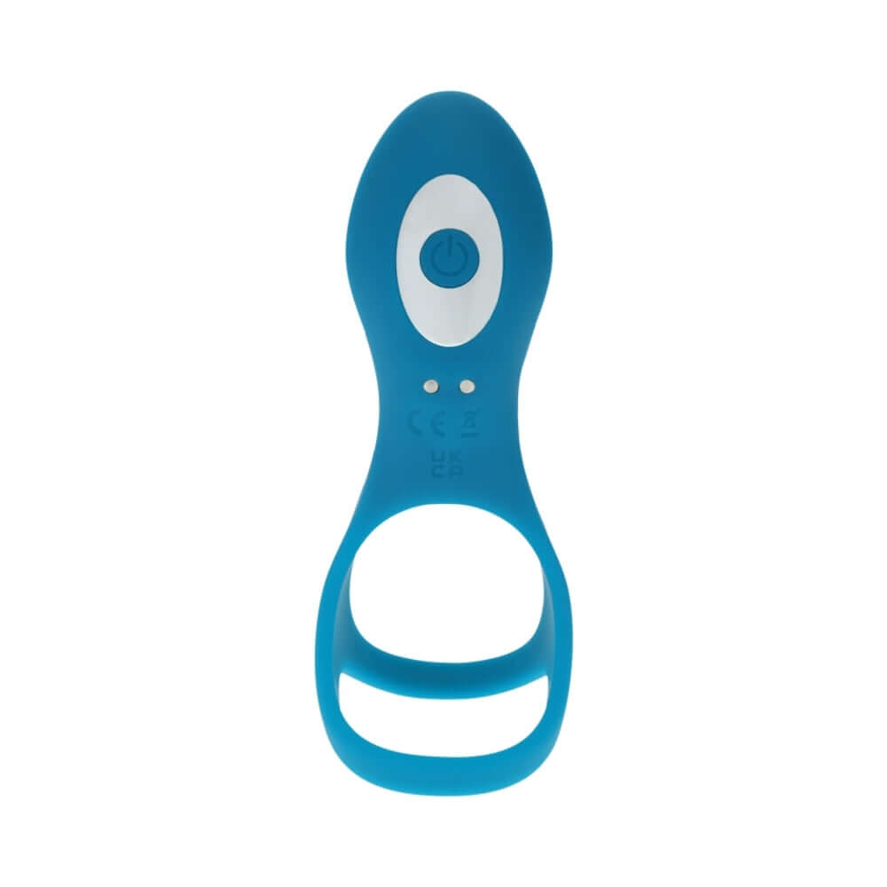 LEVELZ Vibrating Silicone Cock & Ball Ring with Shaft Loop Teal - a teal silicone pleasure device with a button.
