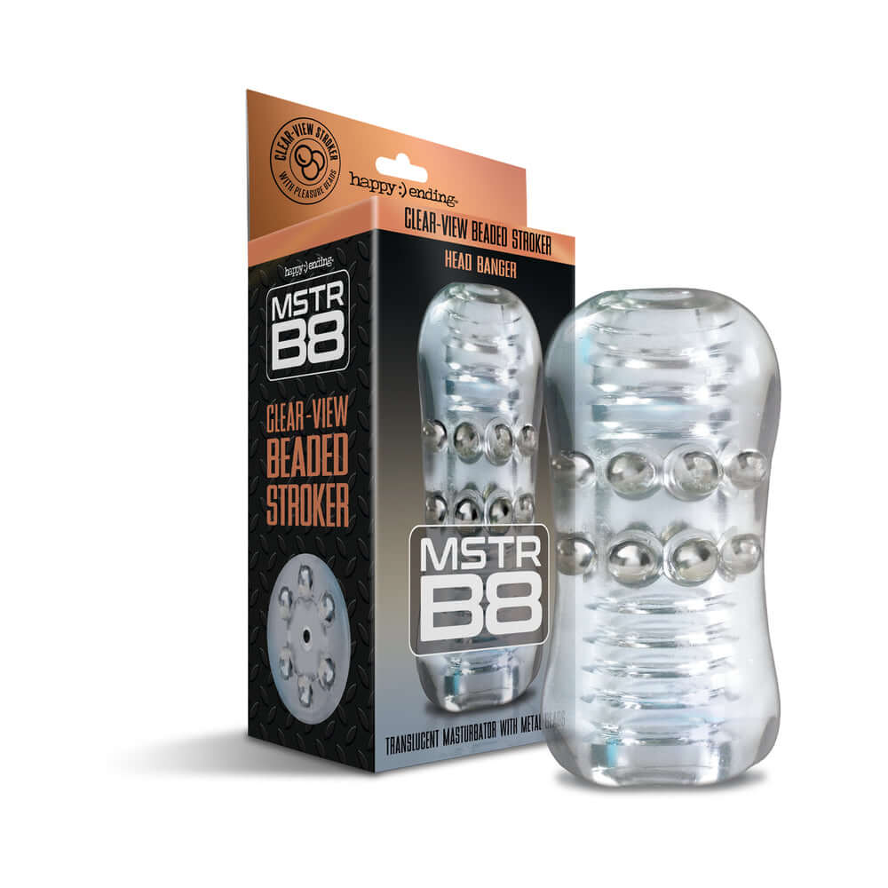 MSTR B8 Clear View Beaded Stroker Head Banger packaging with translucent design and beaded interior.