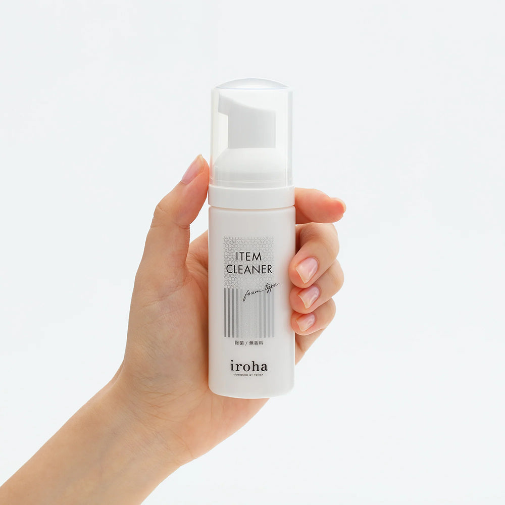 Tenga Iroha Item Cleaner Foaming Toy Cleaner in hand, showcasing gentle foam cleanser for intimate items.