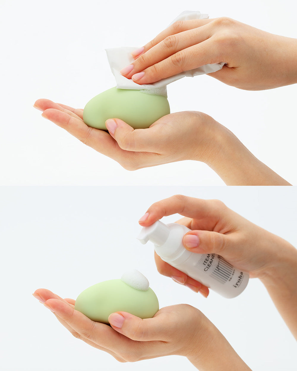 Cleaning intimate toys with Tenga Iroha Item Cleaner Foaming Toy Cleaner for hygienic maintenance.
