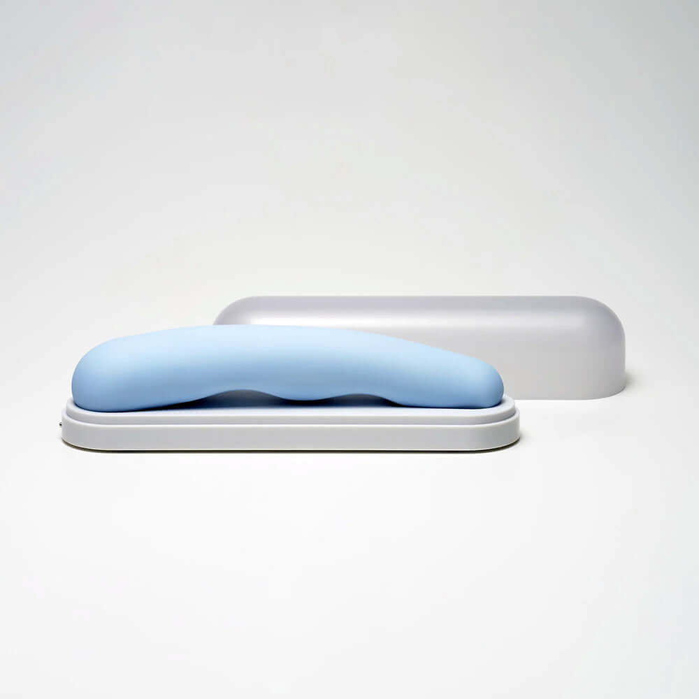 iroha tsuki MINAMO Massager in soft blue color with protective case, designed for luxurious intimate pleasure.