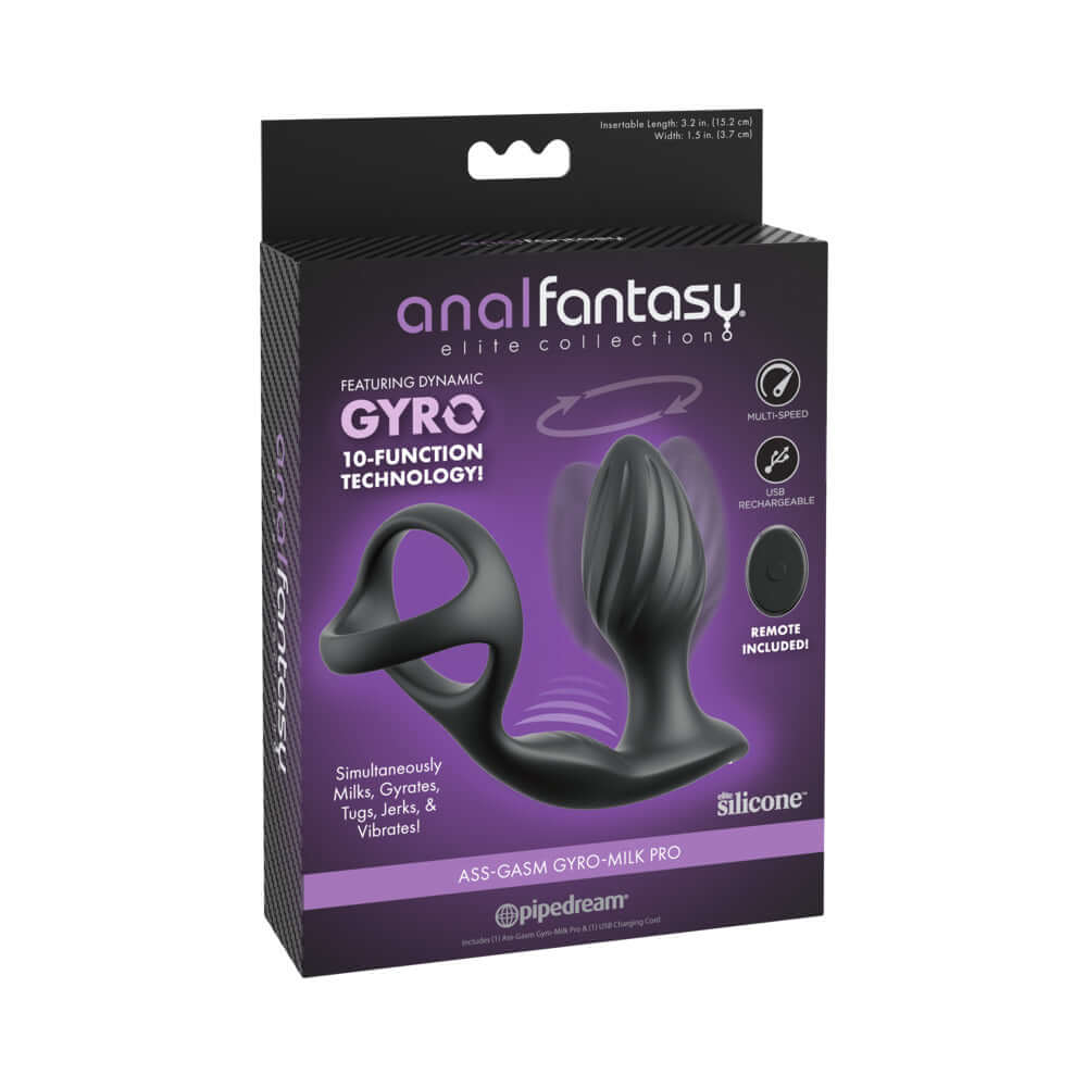 Anal Fantasy Elite Ass-Gasm Gyro-Milk Pro Black packaging showcasing innovative prostate stimulation features.