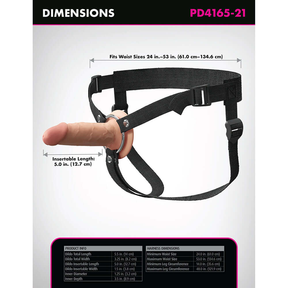 Fantasy X-Tensions Elite Hollow Strap-On Dual Density 5 inch Light dimensions and features infographic.