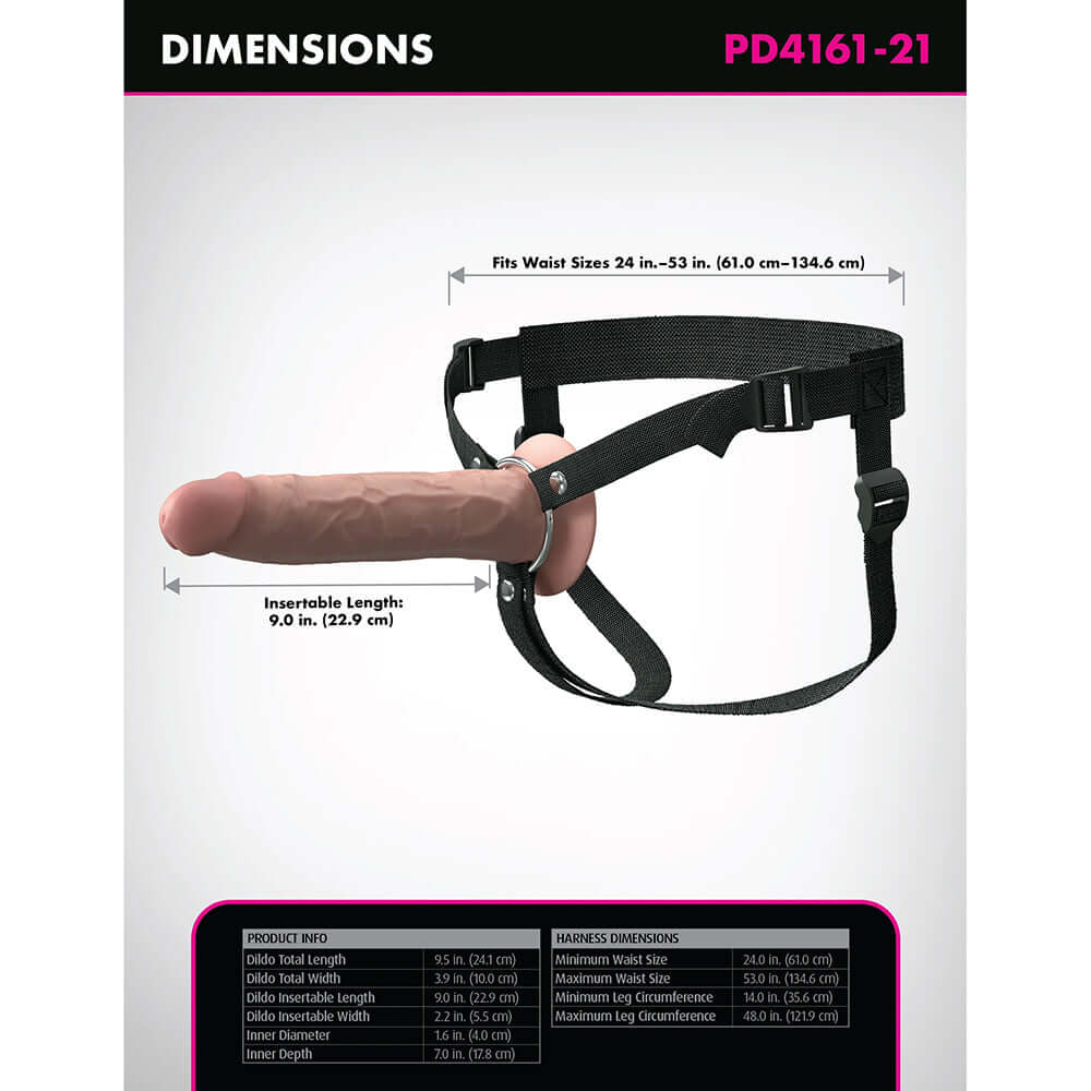 Fantasy X-Tensions Elite Hollow Strap-On 9 inch Light dimensions and sizing information diagram.