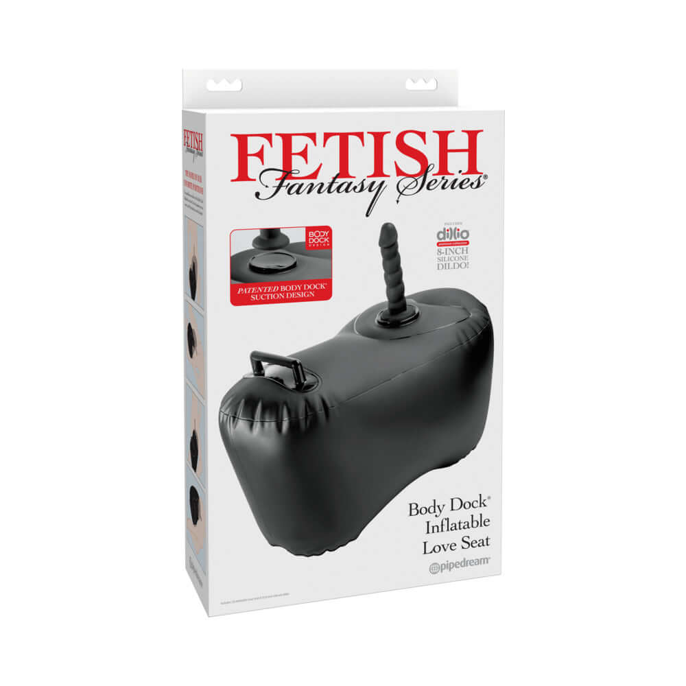Fetish Fantasy Series Body Dock Inflatable Love Seat Black packaging with handle and inflating nozzle.