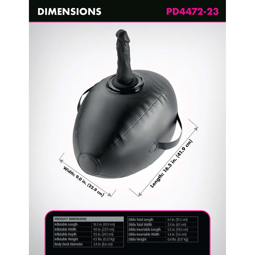 Fetish Fantasy Series Body Dock Inflatable Love Ball Black showing dimensions and design features.