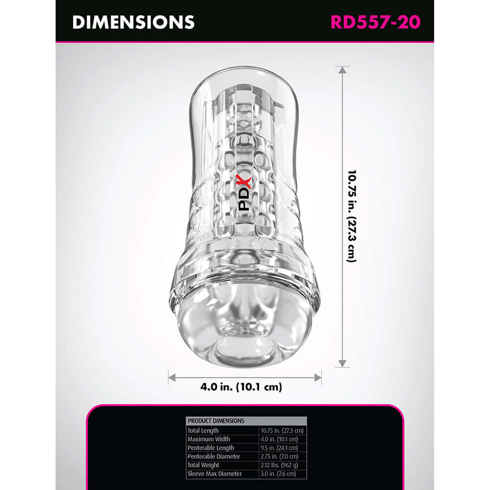 PDX Elite ViewTube See-Thru EZ-Grip Clear dimensions including total length and sleeve details.