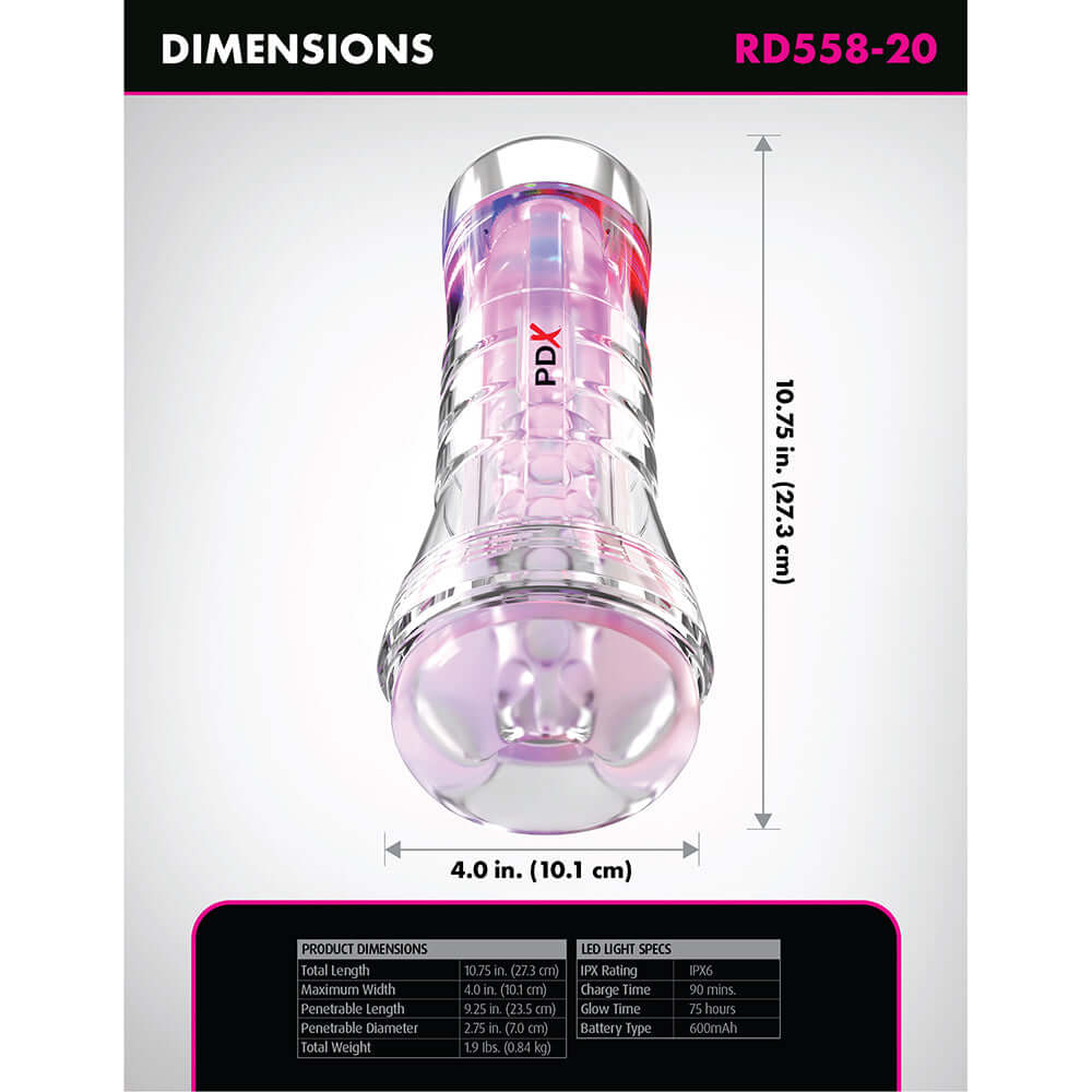 Dimensions of the PDX Elite ViewTube XXL See Thru EZ-Grip LED Stroker Clear, showcasing its design and measurements.
