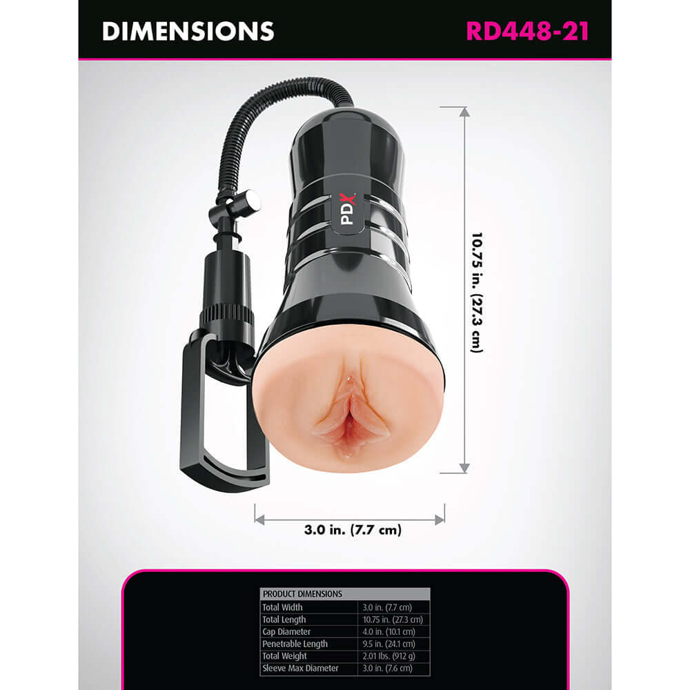 PDX Extreme Wet Pussies Super Sucker XXL Stroker Light dimensions and features image.