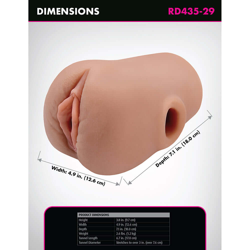 PDX Plus Pussy Pounder Squeeze Stroker Brown dimensions image showing width and depth.