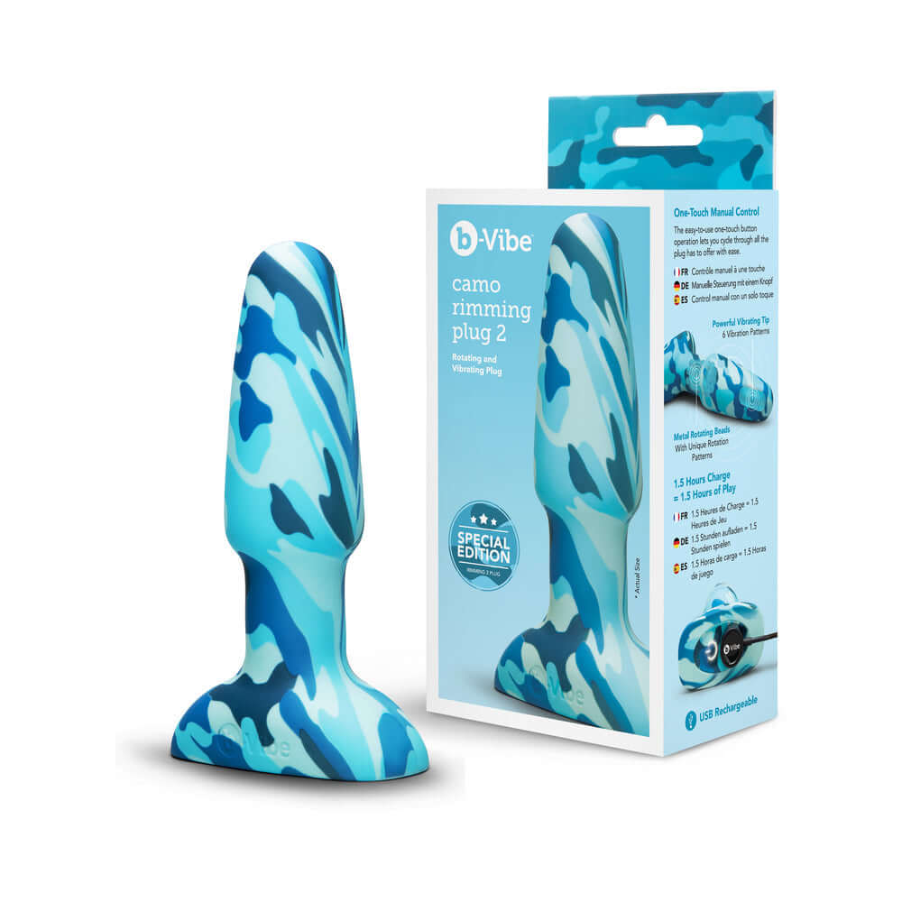 b-Vibe Rimming Butt Plug 2 Camo with packaging showcasing its special edition design and blue camo color.