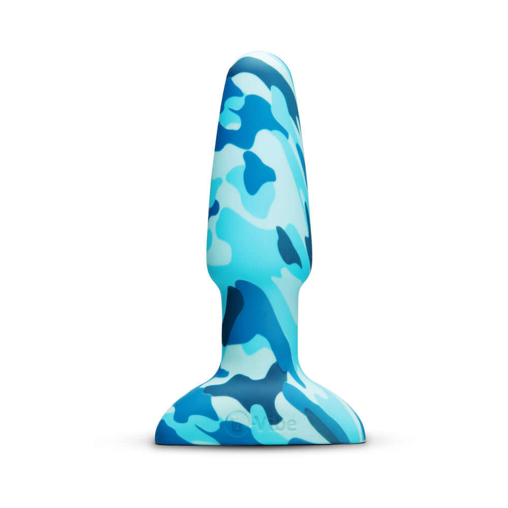 b-Vibe Rimming Butt Plug 2 Camo in blue camouflage design, featuring a smooth tip for P-spot or G-spot stimulation.