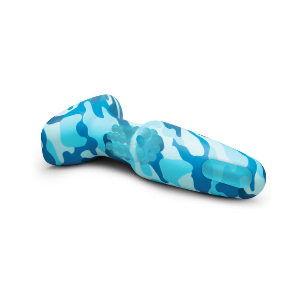 b-Vibe Rimming Butt Plug 2 Camo in blue camouflage design, featuring a vibrating tip for enhanced pleasure.