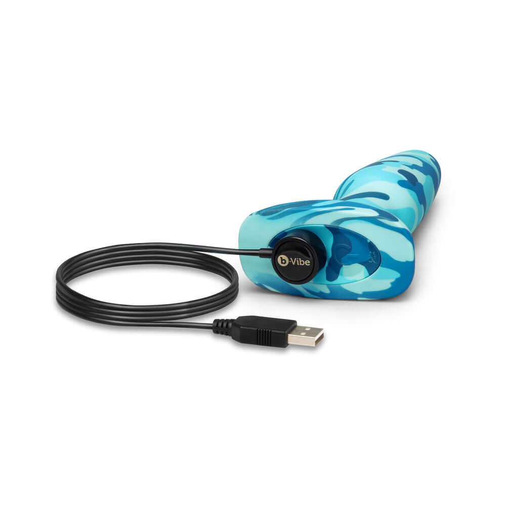 b-Vibe Rimming Butt Plug 2 Camo with charging cable, features a camouflage design for discreet enjoyment.