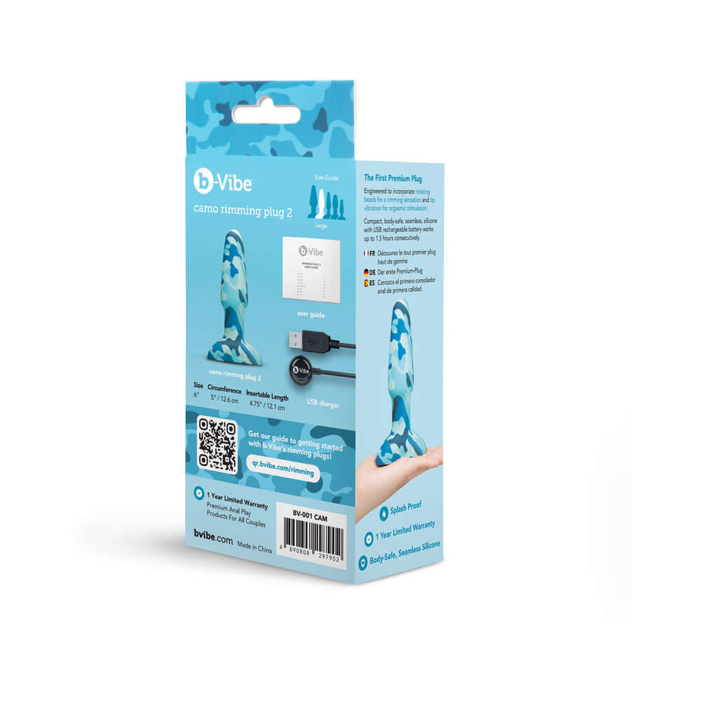 b-Vibe Rimming Butt Plug 2 Camo packaging showcasing features and usage instructions.