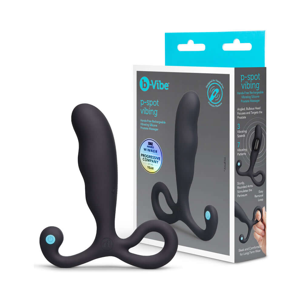 b-Vibe P-Spot Vibing Prostate Massager with ergonomic design and packaging displayed.